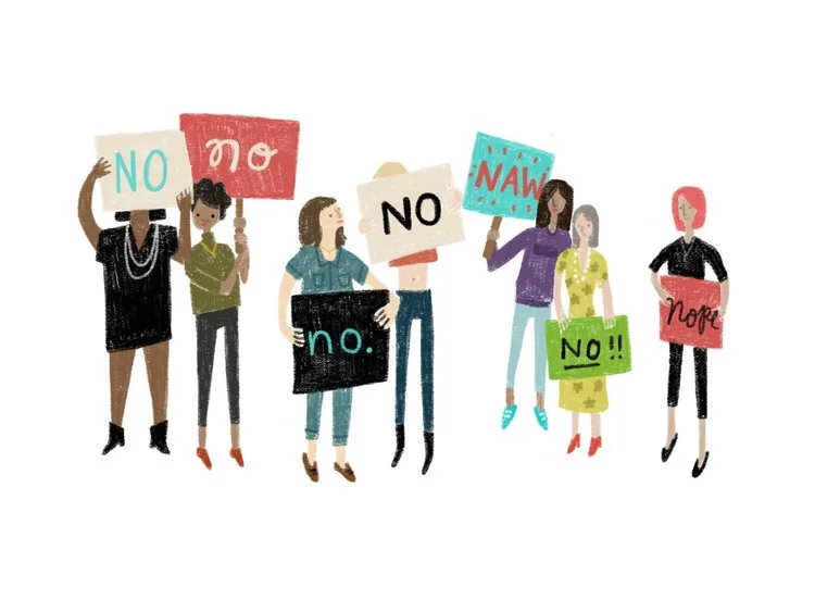 Illustration of diverse women holding protest signs with the word 'No' and similar messages.