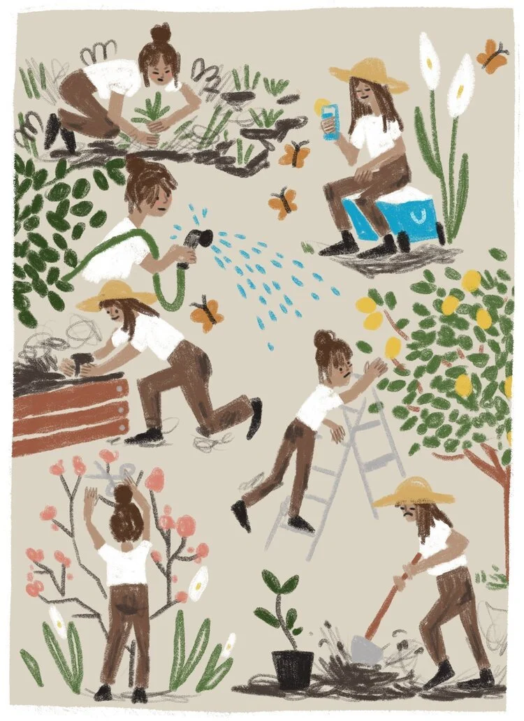 Illustration of women gardening, watering plants, pruning, harvesting, planting, and watering in a garden with trees, butterflies, and flowers.