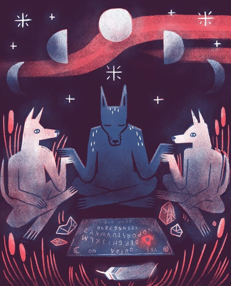 A wolf and a fox sitting cross-legged with arms raised, surrounding a glowing Ouija board, under a starry night sky with planets and moons.