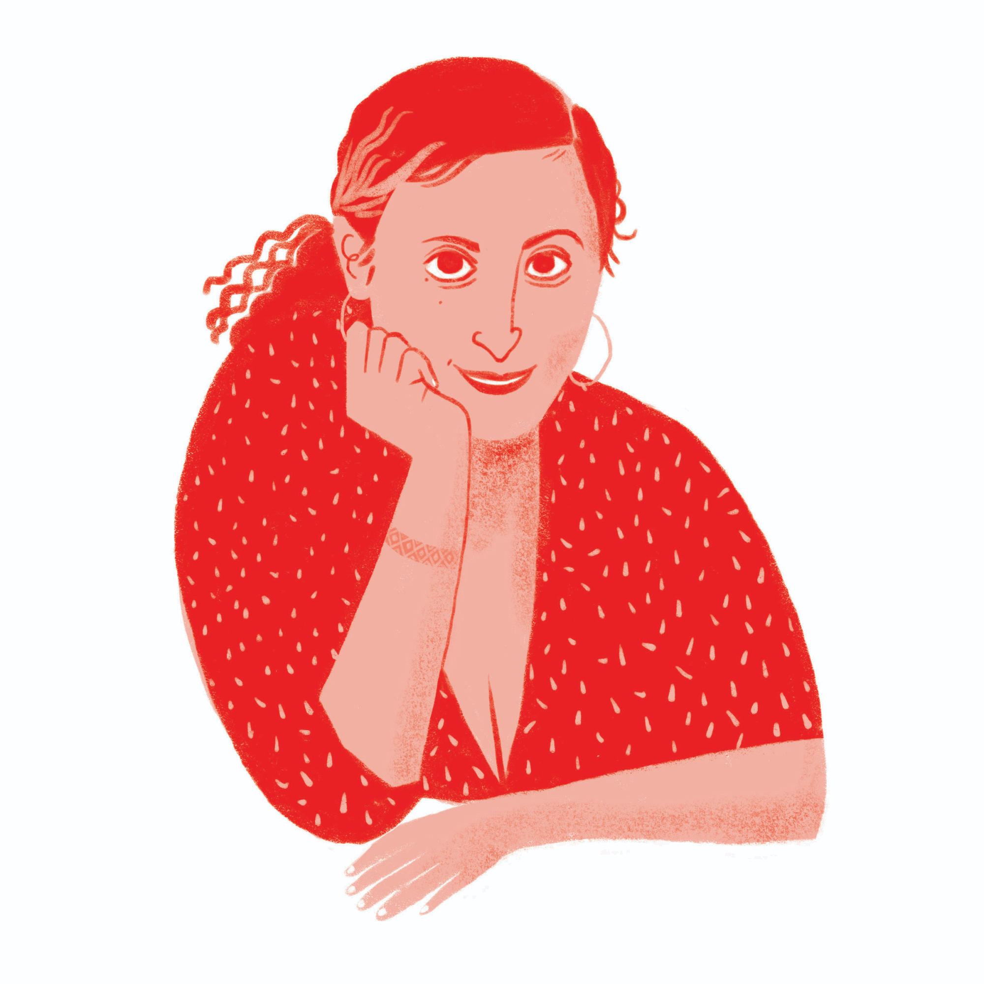 A stylized digital illustration of a woman with light skin and red curly hair, resting her chin on her hand and smiling softly.