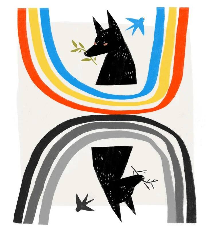 Illustration of a black fox holding a leaf in its mouth at the top, and a black bird flying below, with colorful, rainbow-like arches surrounding each animal.