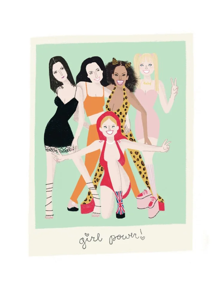 An illustrated group of five diverse women in colorful outfits, posing confidently, with the words "girl power" written below.