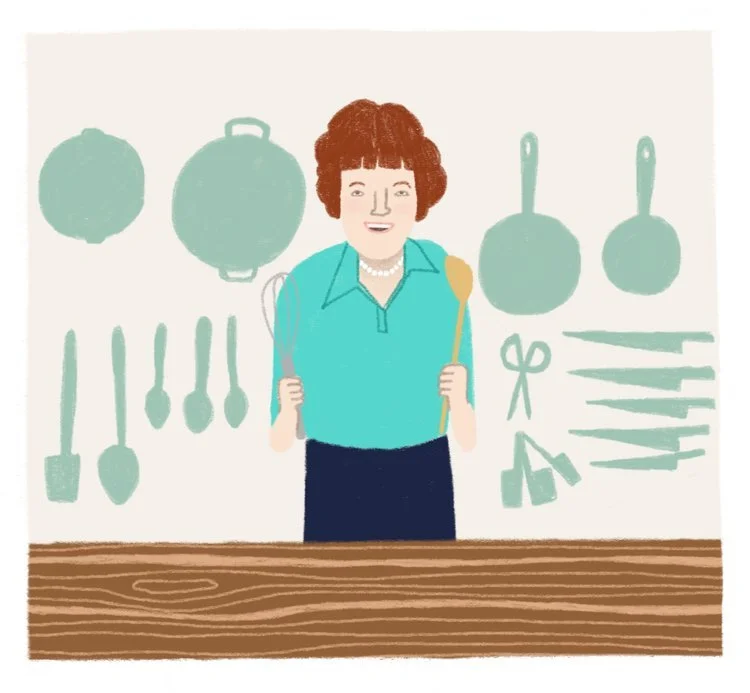 Illustration of a woman holding a wooden spoon and a spatula, standing in a kitchen with pots, pans, and cooking utensils hanging on the wall behind her.