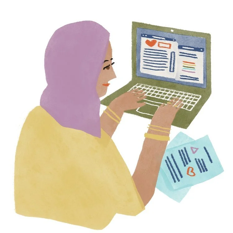 Woman with purple hijab using a laptop to look at social media, papers with illustrations and text nearby.