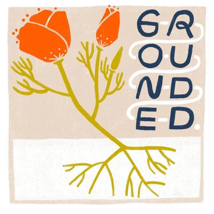 A stylized orange poppy flower with green leaves and a stem, with the words "GRAND END." in dark blue and white, arranged in a vertical stack on the right side.