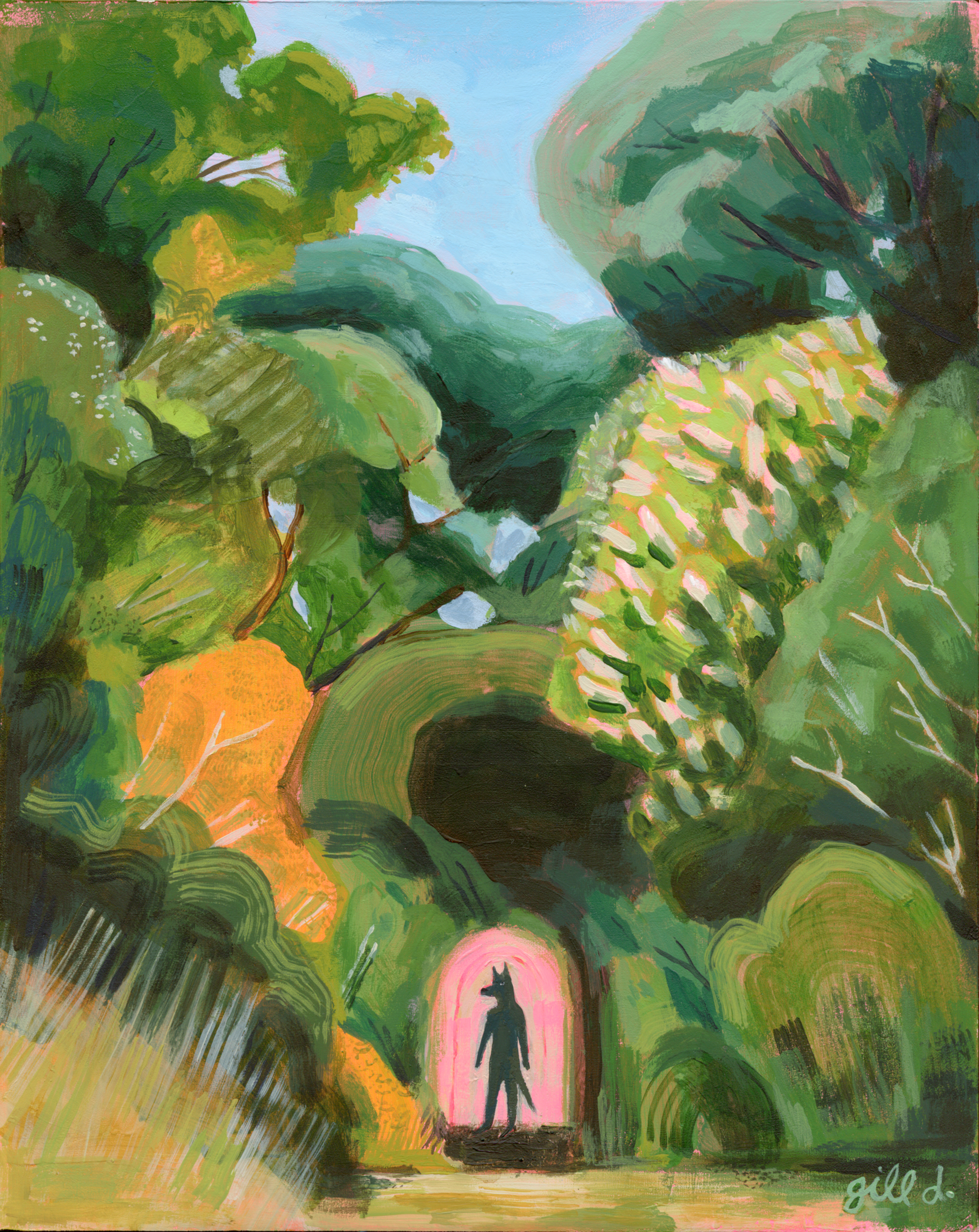 A person standing at the end of a lush green tunnel with trees and foliage on either side, looking into a bright opening in the distance. The scene has a dreamlike, painted quality.