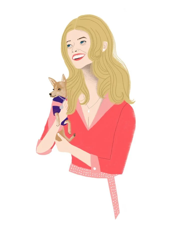 Illustration of a smiling woman with blonde hair holding a small dog wearing a purple outfit.