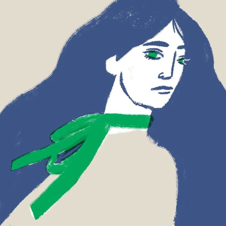 Digital illustration of a woman with long dark hair, green eyes, wearing a beige top and a green scarf, against a plain background.
