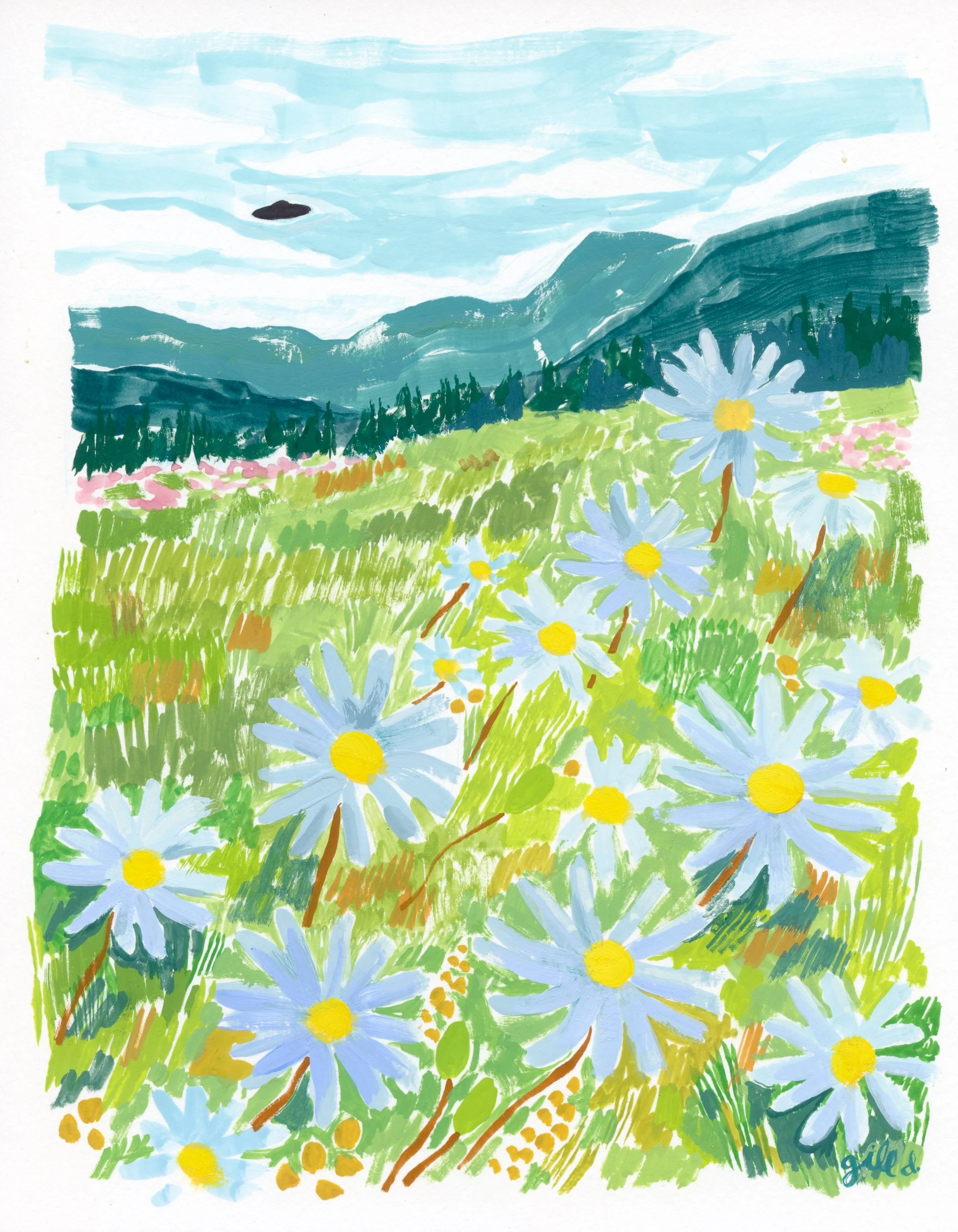 A colorful painting of a scenic landscape with a sky, mountains, trees, and a field of daisies and other flowers in the foreground.