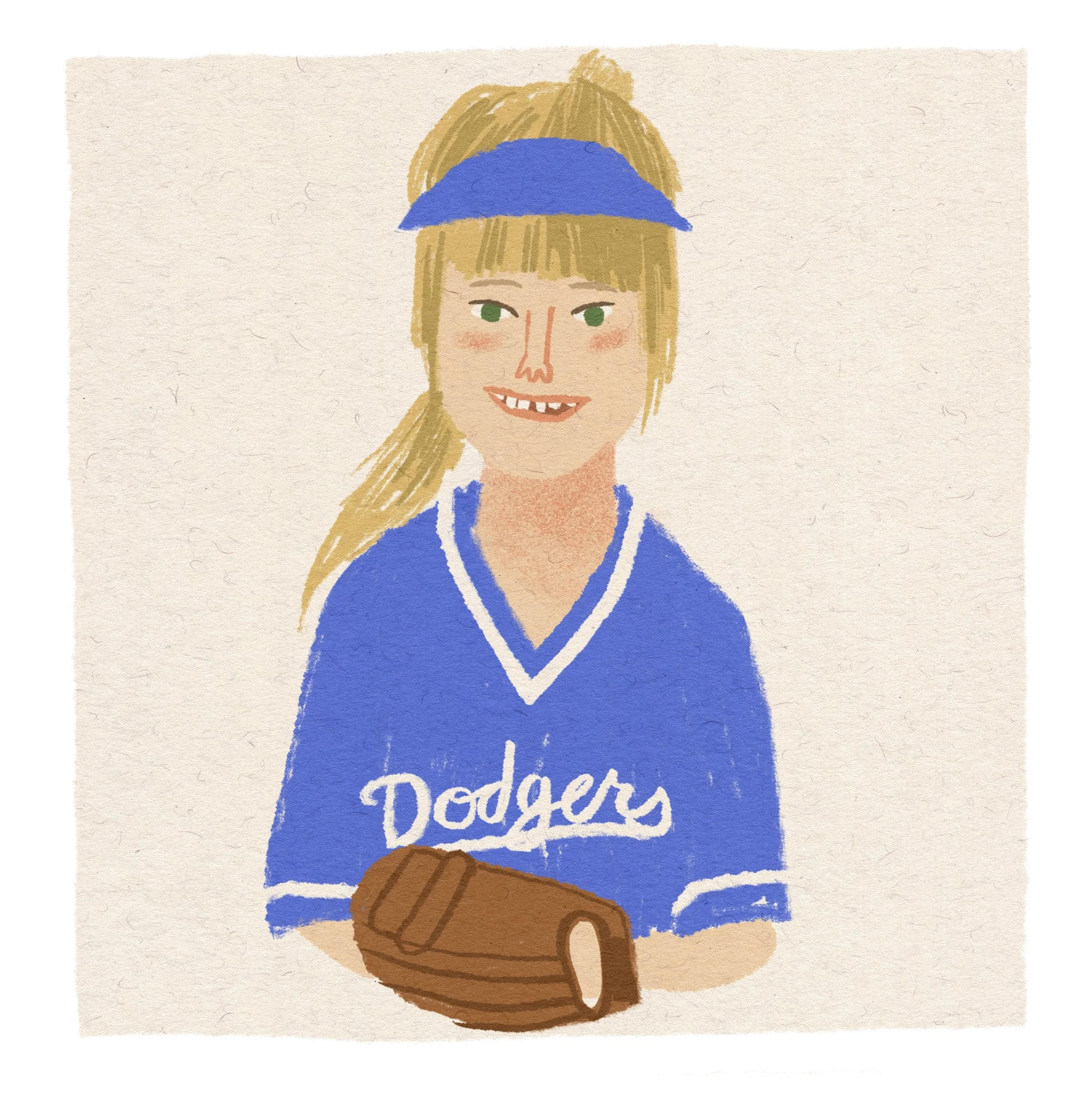 Hand-drawn illustration of a smiling person wearing a blue shirt with the words 'Doreen' on it, and a blue visor, with long blonde hair, pink cheeks, and holding a brown object.
