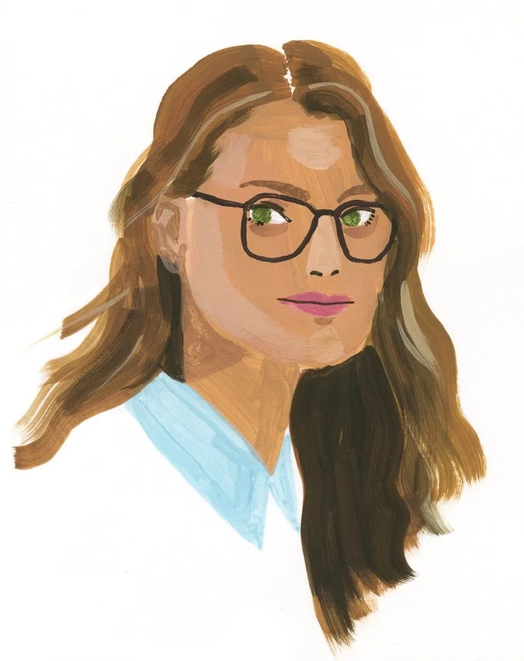 A digital illustration of a woman with long, wavy brown hair, wearing glasses, a light blue shirt, and pink lipstick.