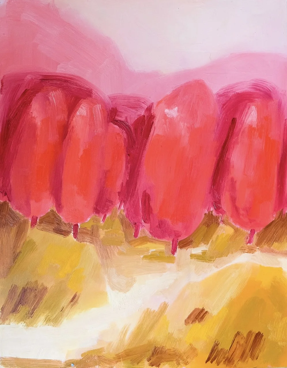 Abstract painting of pink tulips with green stems and yellowish ground.