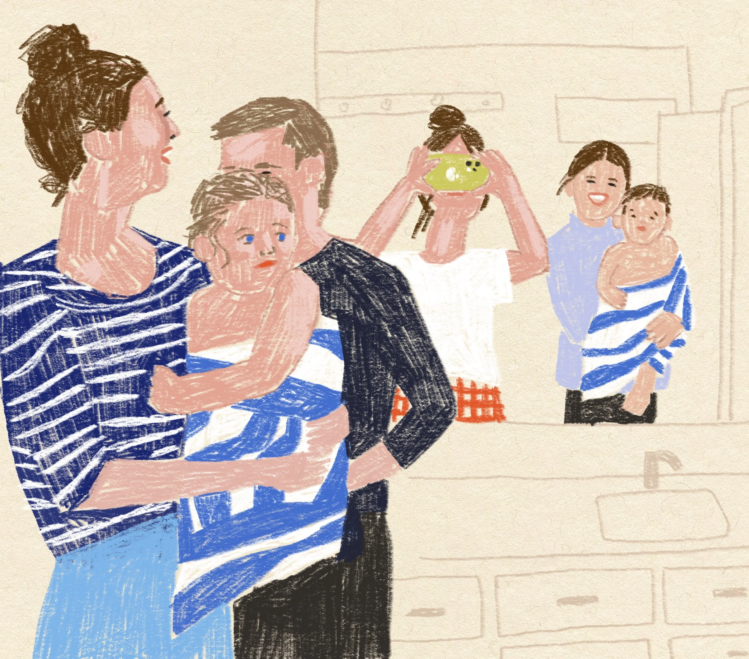 Drawing of a family of five with three children and two adults smiling, sitting around a table, one child holding a green frog toy, in a cozy indoor setting.