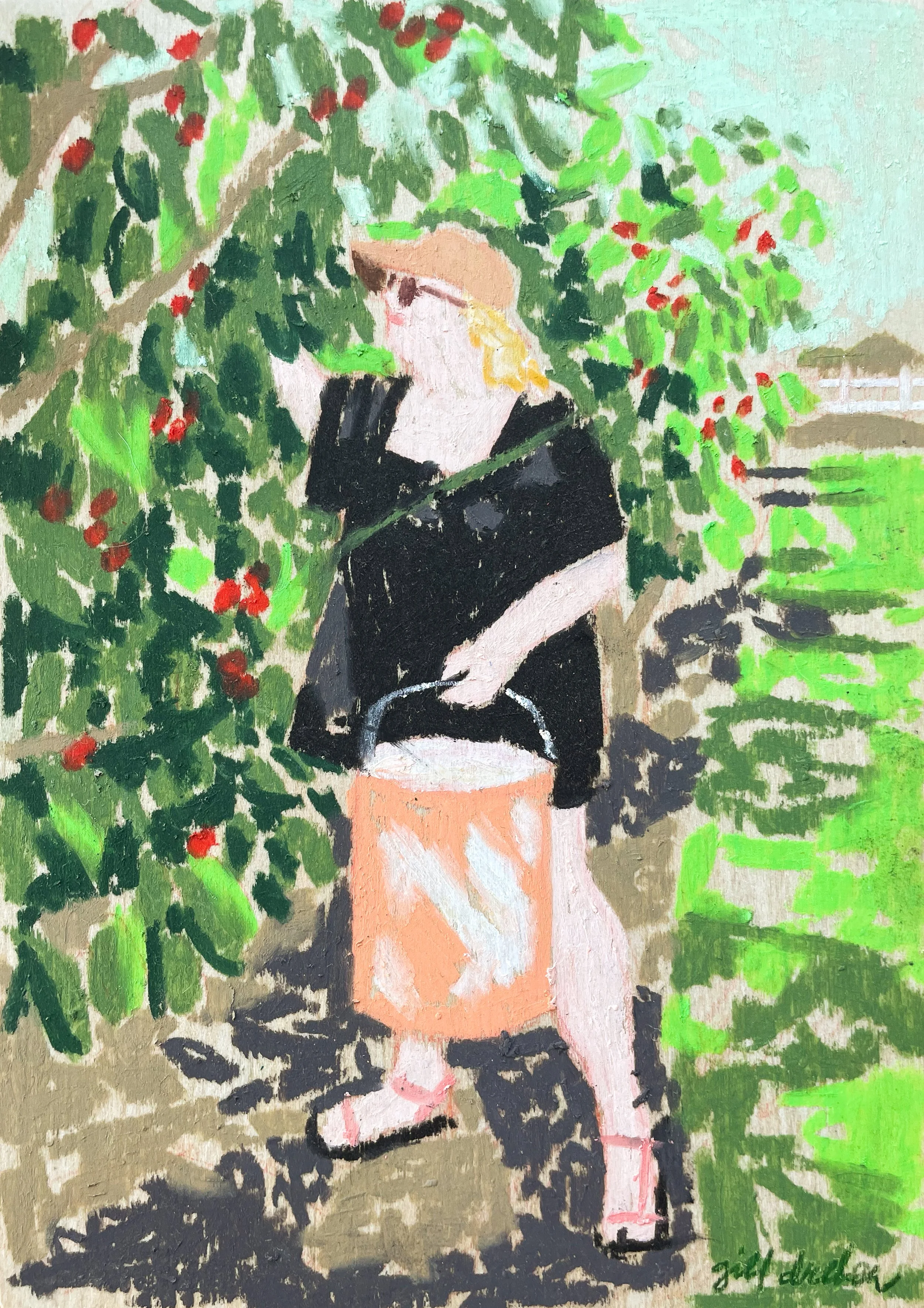 Painting of a woman with blonde hair standing in front of green leafy trees with red berries, wearing a black jacket and white skirt, holding a yellow purse, with light-colored background.