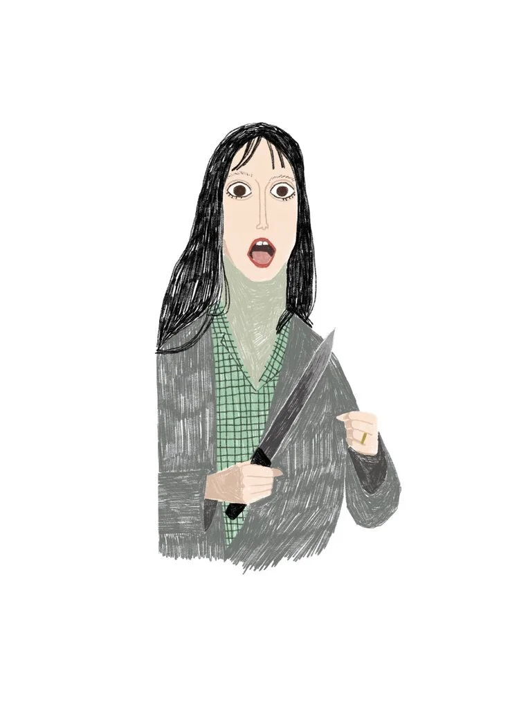 Drawing of a woman with long black hair, wide eyes, and an open mouth, holding a large kitchen knife in her right hand, wearing a black jacket and green checkered shirt.