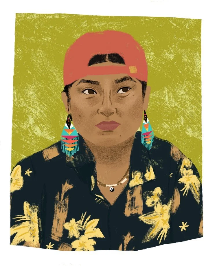 Digital illustration of a woman with a serious expression, wearing a red baseball cap backwards, large colorful feather earrings, a necklace with a yin-yang symbol, and a dark shirt with yellow floral patterns.