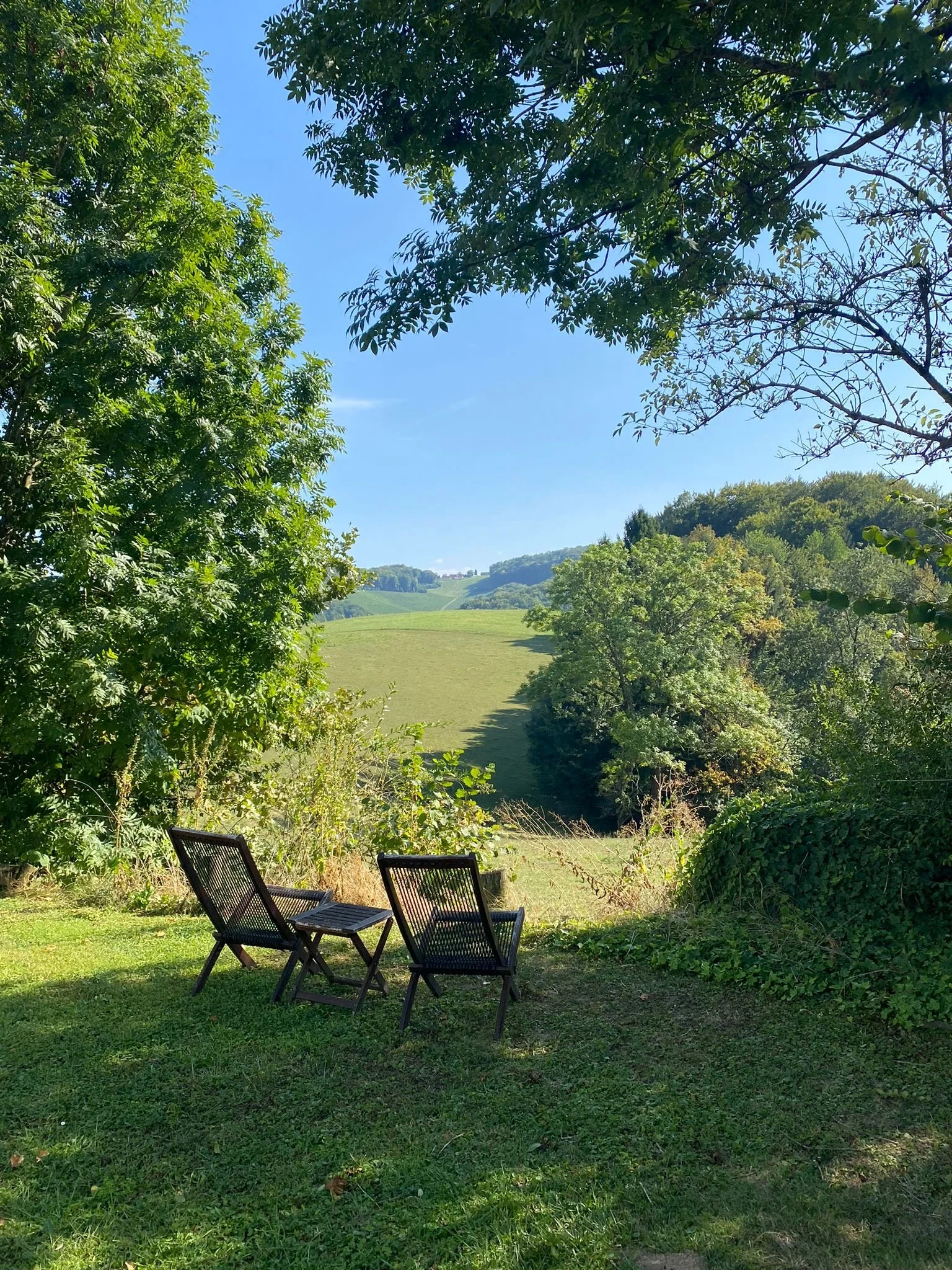 Two black garden chairs on a green lawn with trees and rolling hills in the background under a clear blue sky.