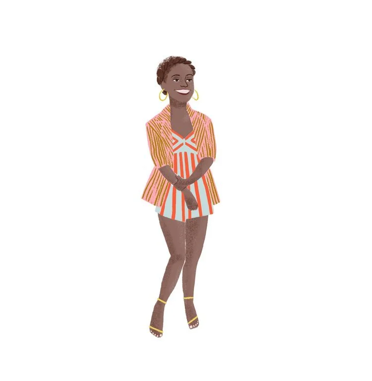 Illustration of a smiling woman with short curly hair, wearing hoop earrings, a colorful striped blazer, matching striped shorts, and yellow sandals, standing with her arms crossed.