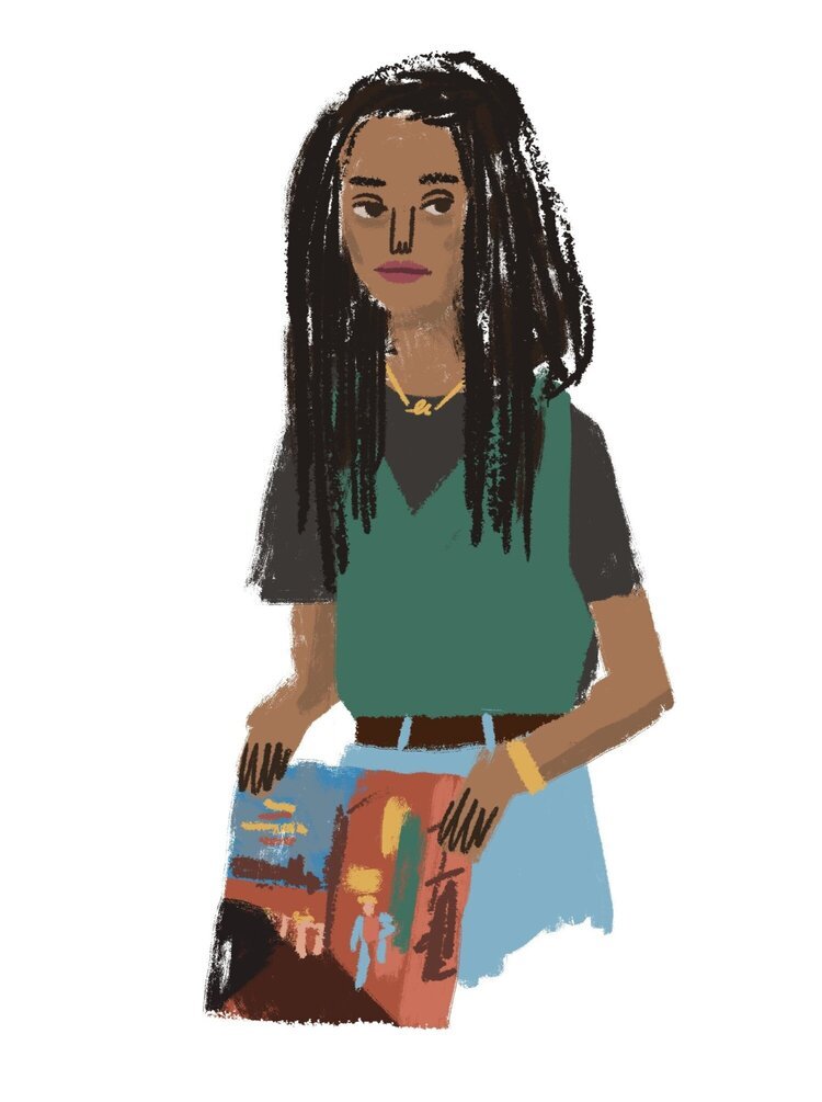 Illustration of a woman with long dreadlocks, wearing a dark green top layered over a black shirt, a colorful patchwork skirt, and gold jewelry.