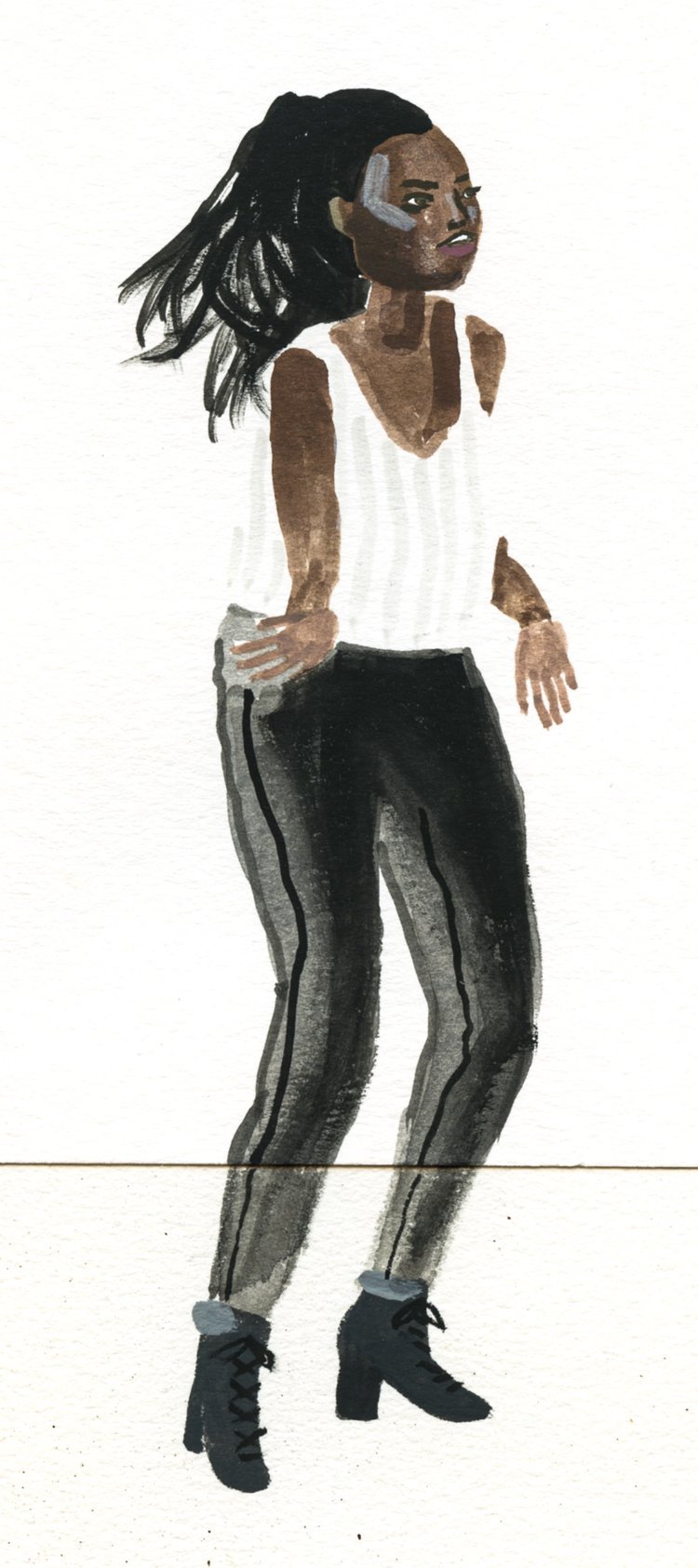 Watercolor illustration of a woman with dark curly hair, wearing a white sleeveless top, black pants with side stripes, and black heeled boots, standing against a white background.