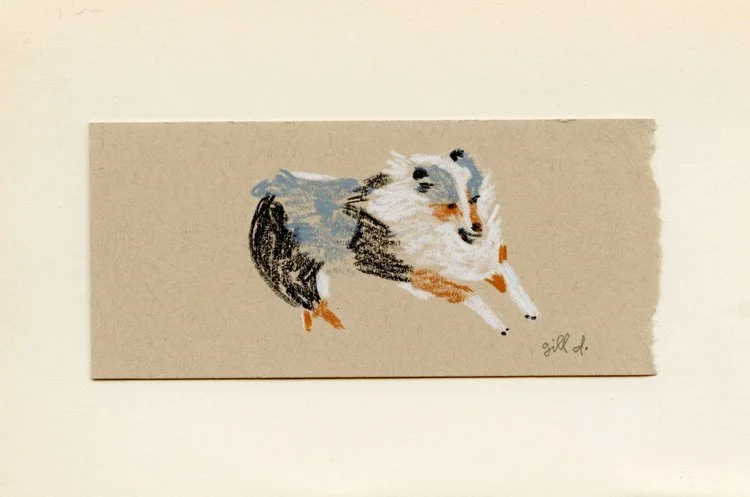 A small painted illustration of a dog on beige paper, with the artist's signature 'gill d.' in the bottom right corner.