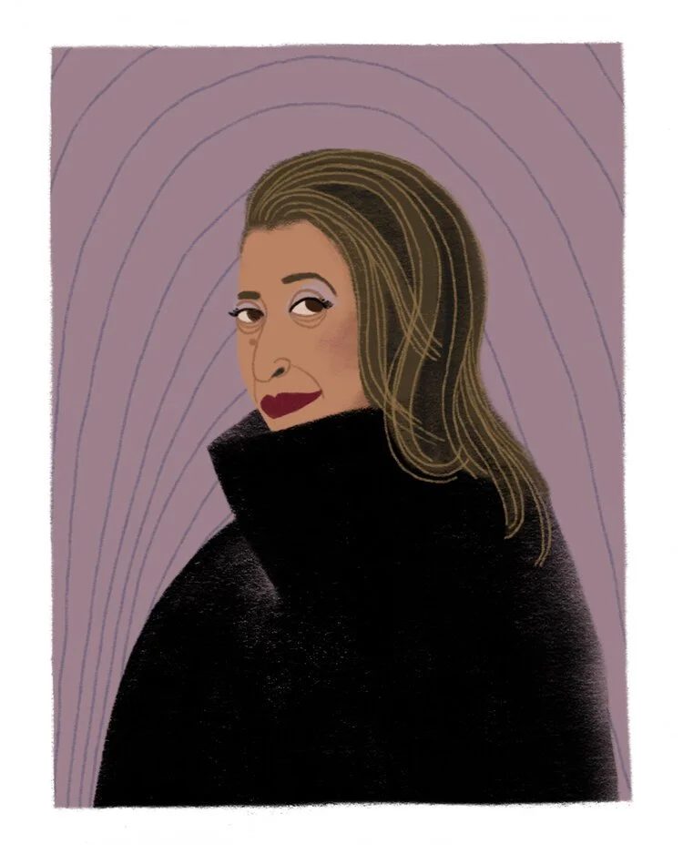 Digital illustration of a woman with shoulder-length hair, wearing dark red lipstick and a black high-collared coat, standing against a purple background with curved lines.