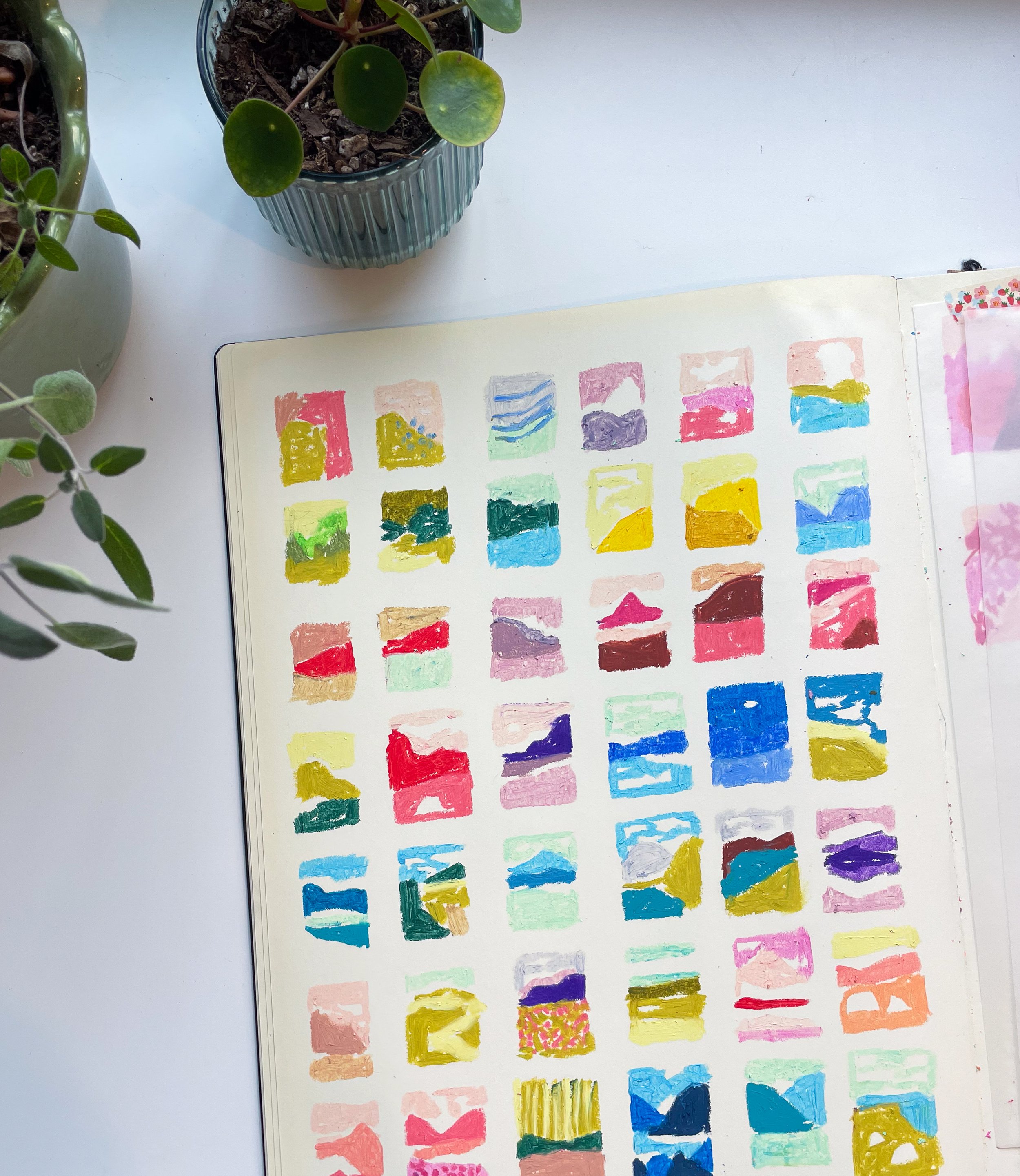 An open sketchbook with colorful watercolor paint samples arranged in rows on white pages, adjacent to potted plants on a white surface.
