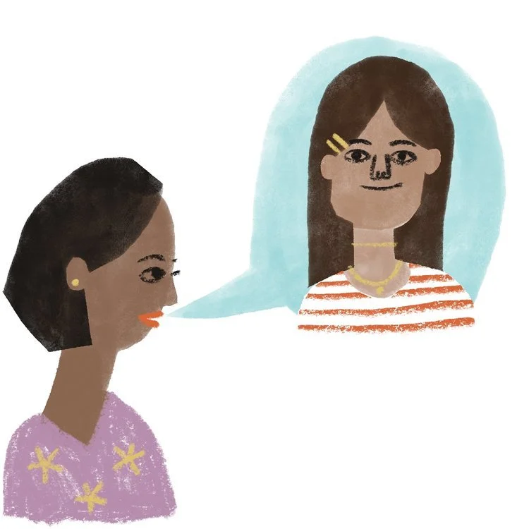 A woman with short dark hair and earrings is speaking, with a speech bubble showing her talking about another woman with long brown hair wearing glasses, a striped shirt, and jewelry.