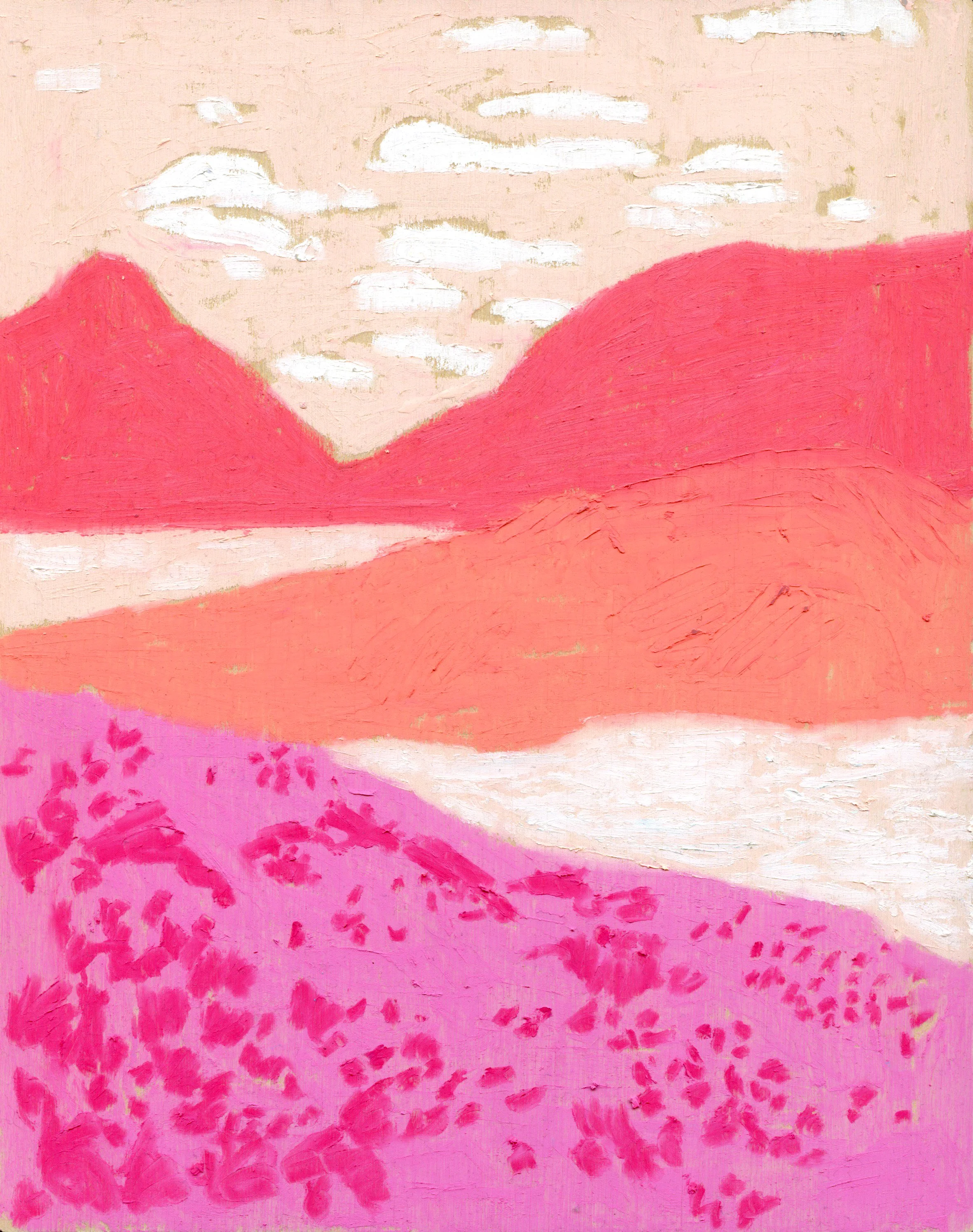 Abstract painting with pink and coral curved shapes, white clouds, and scattered pink marks on a pink background.