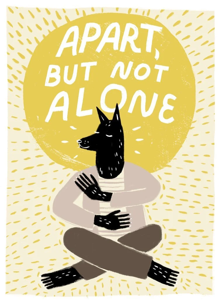 A person with a black dog head, sitting cross-legged with their arms crossed in a meditation pose, with a large yellow circle behind them containing the text 'Apart, but not alone', surrounded by yellow lines radiating outward.