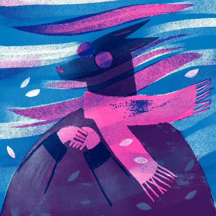 Abstract illustration of a girl with flowing hair, wearing a pink scarf and jacket, sitting with her arms around her knees on a purple ground with swirling blue and pink background.