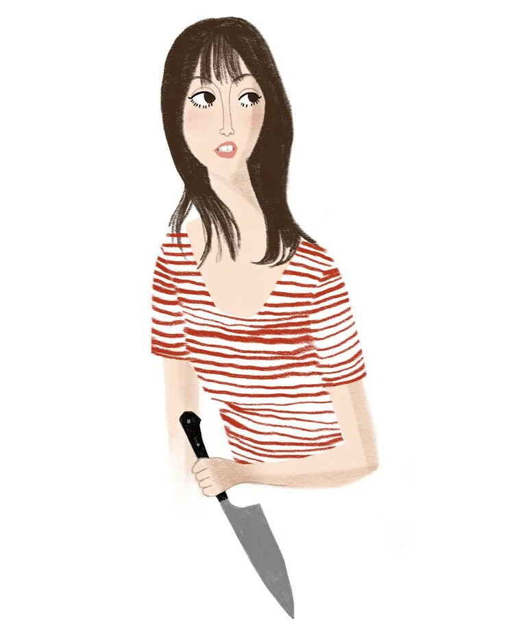 A woman with long dark hair and a striped red and white shirt holding a large kitchen knife.