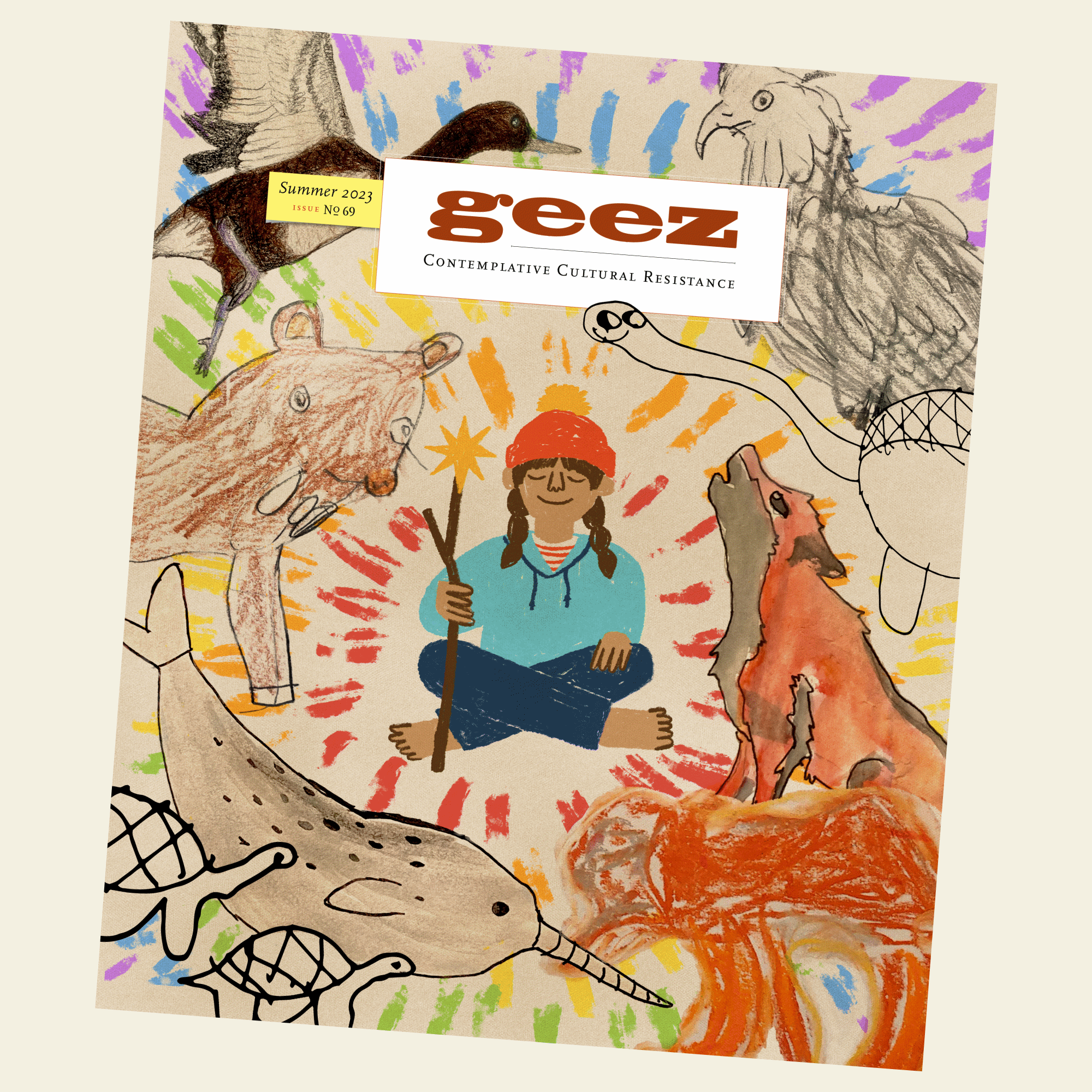 A colorful illustrated magazine cover featuring a child holding a paintbrush, various animals including a giraffe and a bird, and illustrations of wings, with multicolored abstract backgrounds and the title 'Gez' in large brown letters.