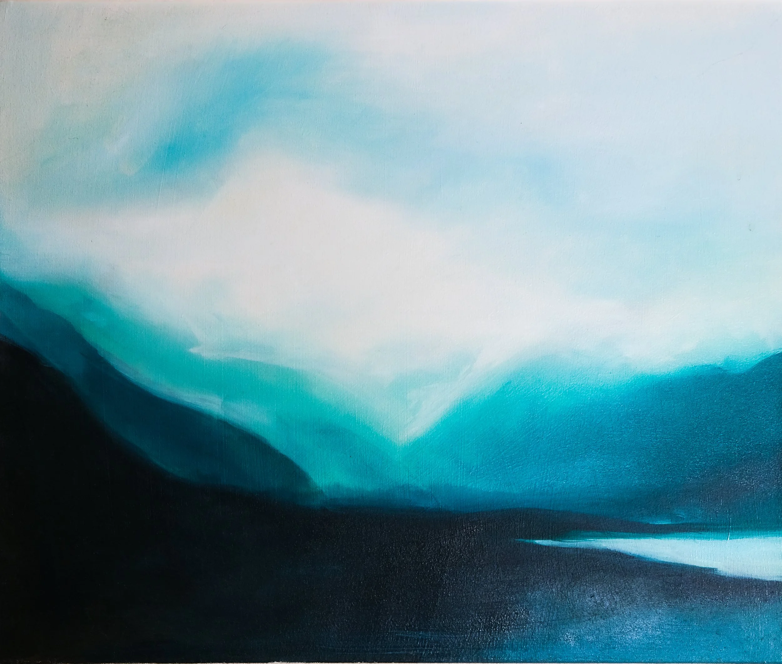 An abstract painting with smooth blending of blue, teal, white, and black colors in horizontal brushstrokes.