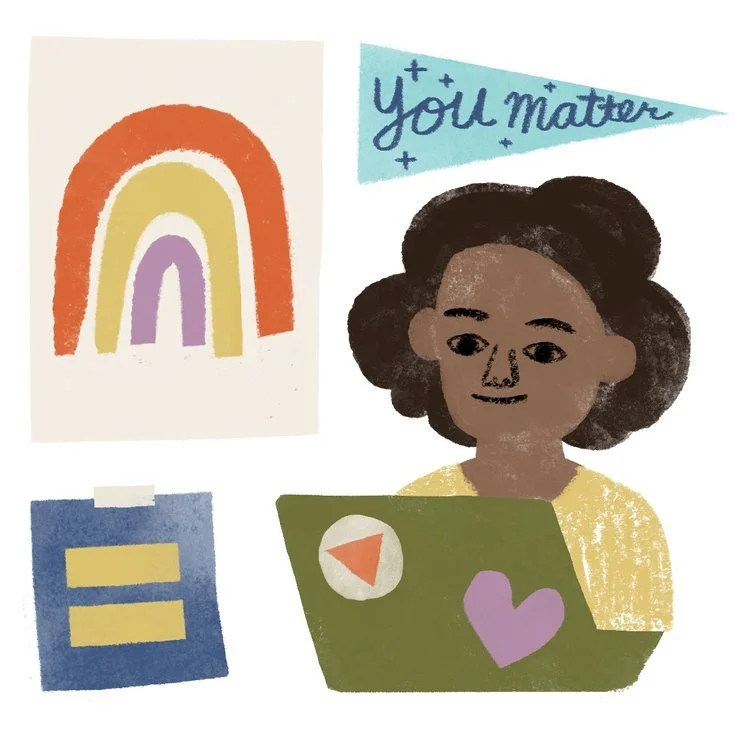 A person with curly hair sitting at a desk with a laptop decorated with a heart sticker and a play button sticker. The background includes a rainbow drawing, a blue pennant with it says "You matter" and a blue notepad with yellow sticky notes.
