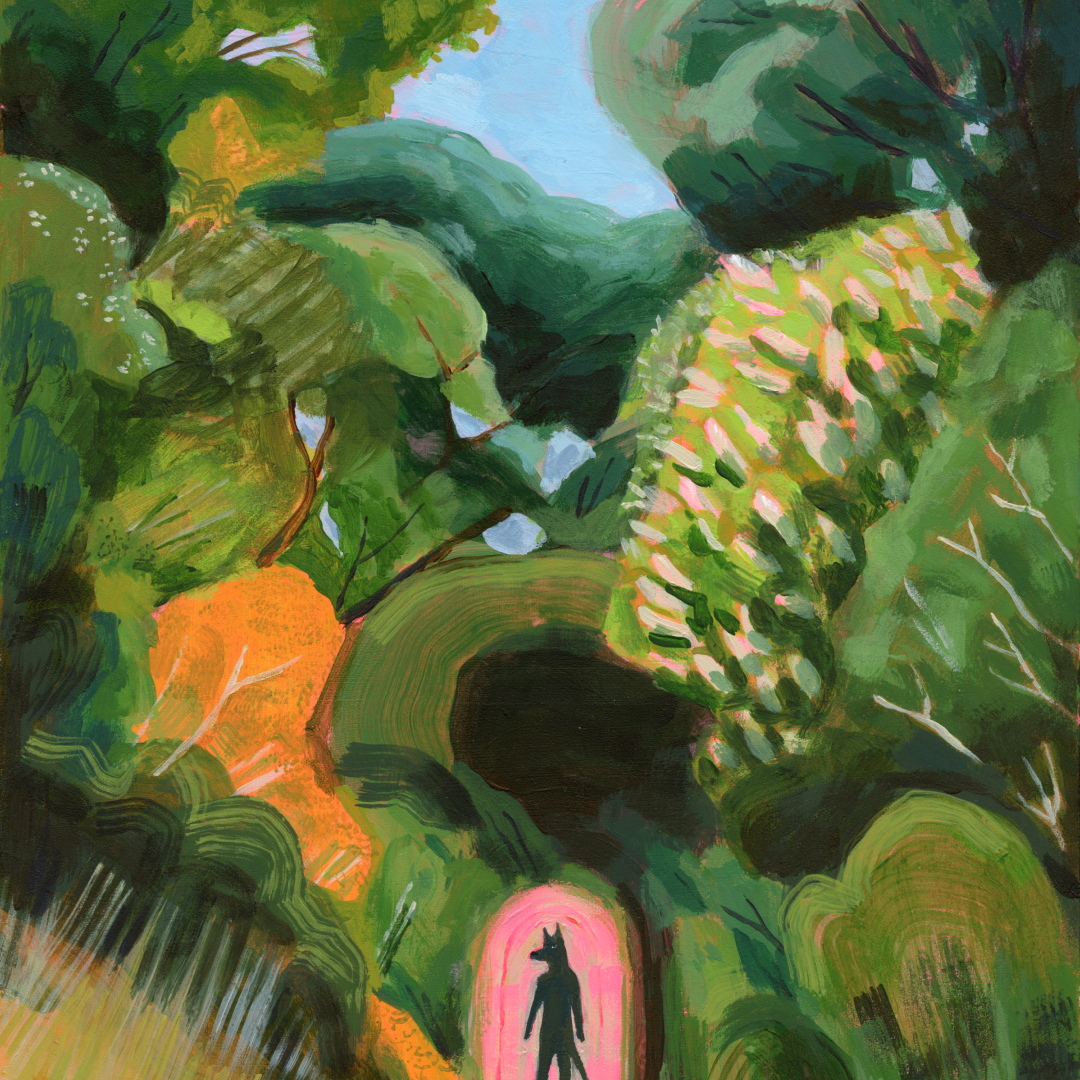 A colorful, abstract painting depicting a dense, green forest with trees, leaves, and bushes. In the lower center, a silhouette of a humanoid figure with a wolf's head stands in a pinkish-lit clearing.