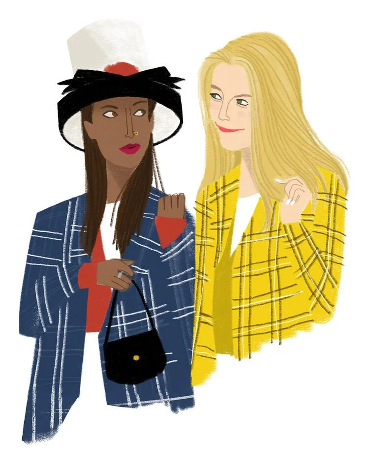 Two women talking; one wears a white hat with a red circle, blue plaid coat, red sweater, and carries a black purse, the other has long blonde hair, yellow plaid jacket, and a white top.