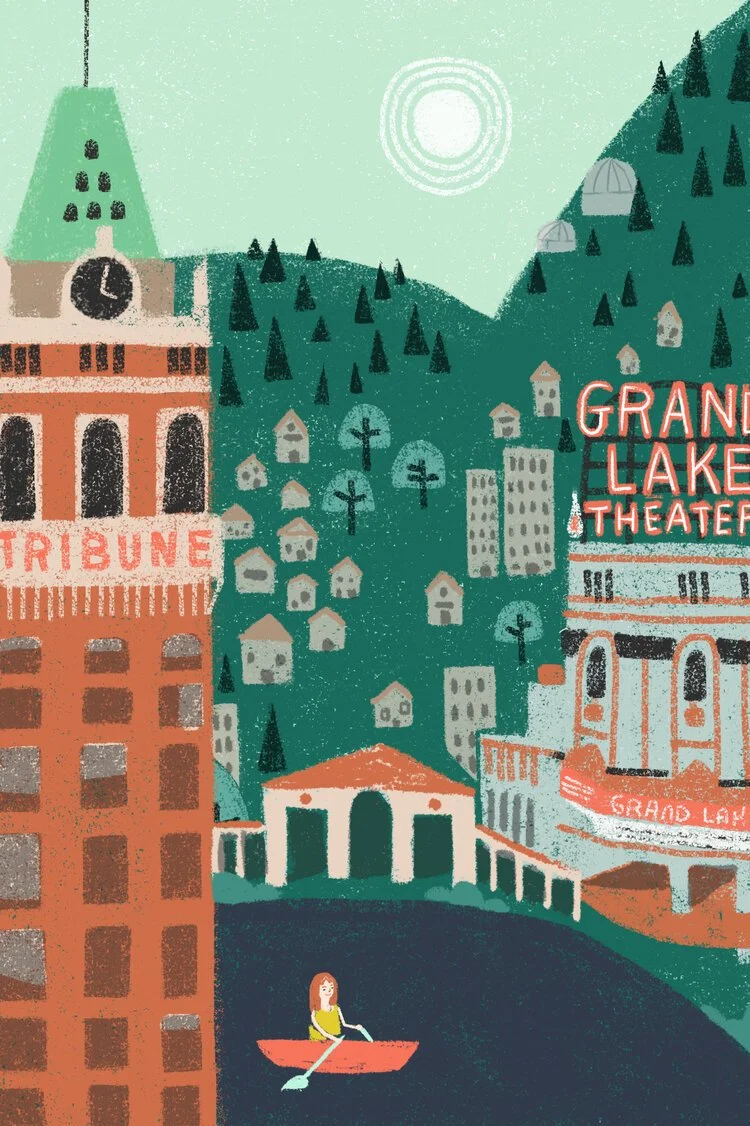 Illustration of a city with mountains in the background, including a clock tower, a theater, a girl rowing a boat on a river, and houses on the hillside.