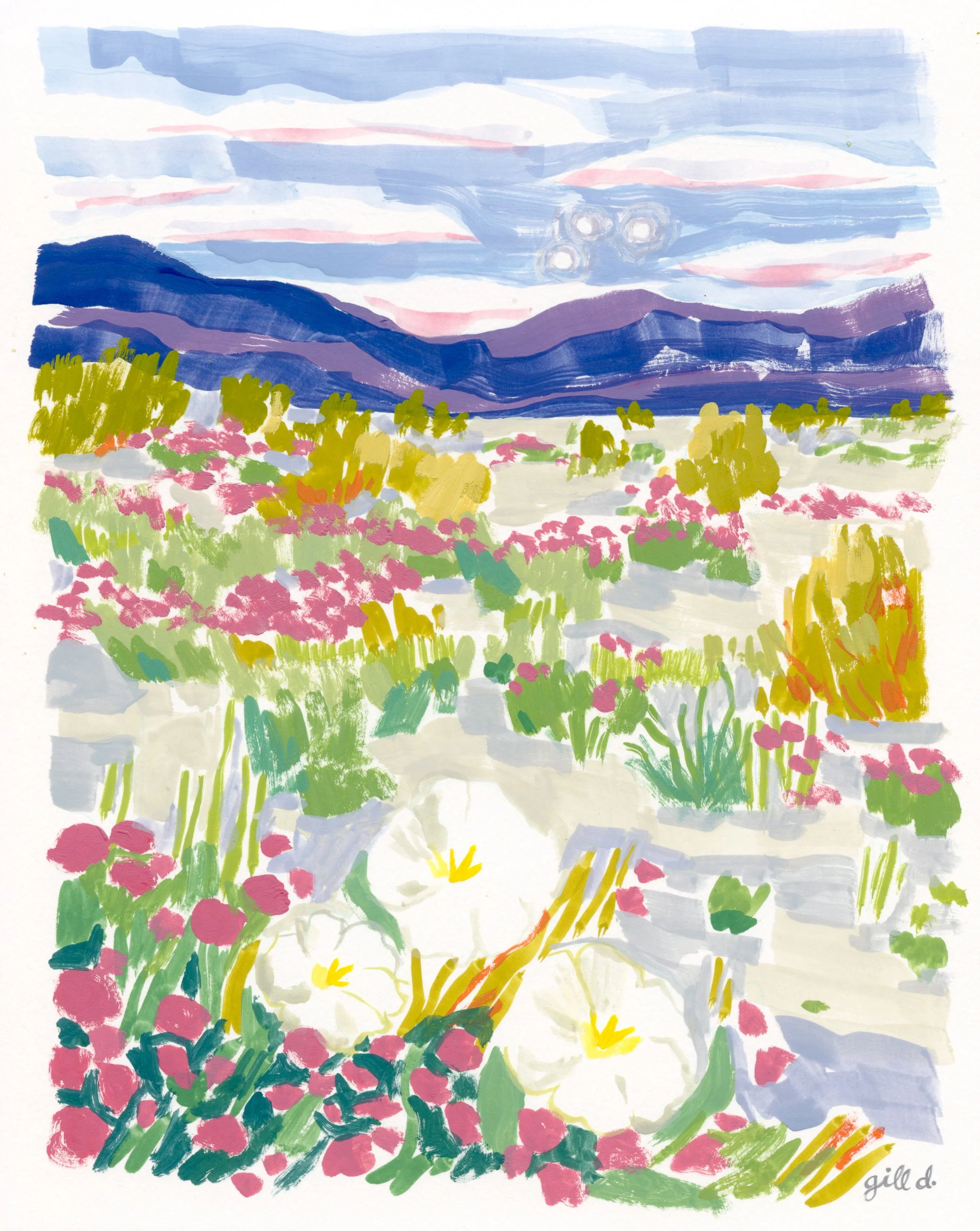 Colorful landscape painting depicting a sky with clouds, mountains in the distance, and a field of pink, purple, and green flowers in the foreground. Signed 'gill d.' in the bottom right corner.