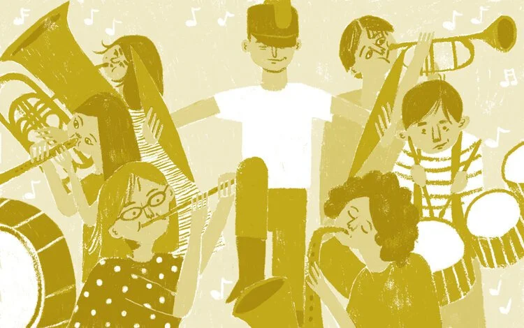 Illustration of a group of people playing musical instruments, including a tuba, trumpet, and saxophone, with a conductor at the center, all depicted in yellow tones.