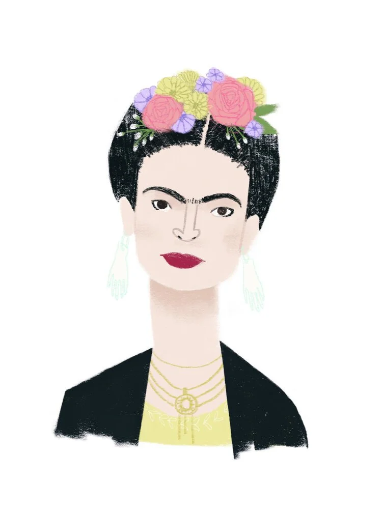 Digital illustration of Frida Kahlo with a floral crown, dark short hair, bold red lipstick, earrings, layered necklaces, and a black jacket over a yellow top.
