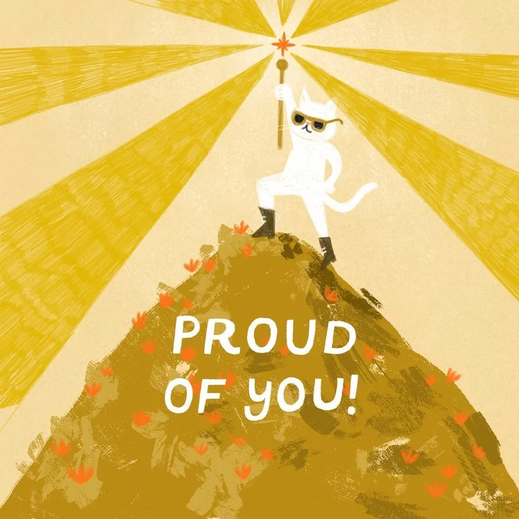 A cartoon white cat wearing sunglasses and a white hat standing on top of a mountain of gold with red small flowers, holding a torch with a red star at the tip, and the words 'Proud of you!' written on the mountain.