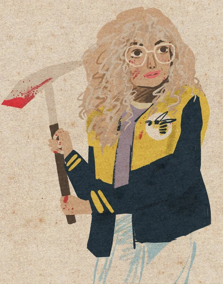 Digital illustration of a woman with curly blonde hair, glasses, and red lipstick wearing a yellow and black jacket with a bee emblem, holding an axe with blood on it.
