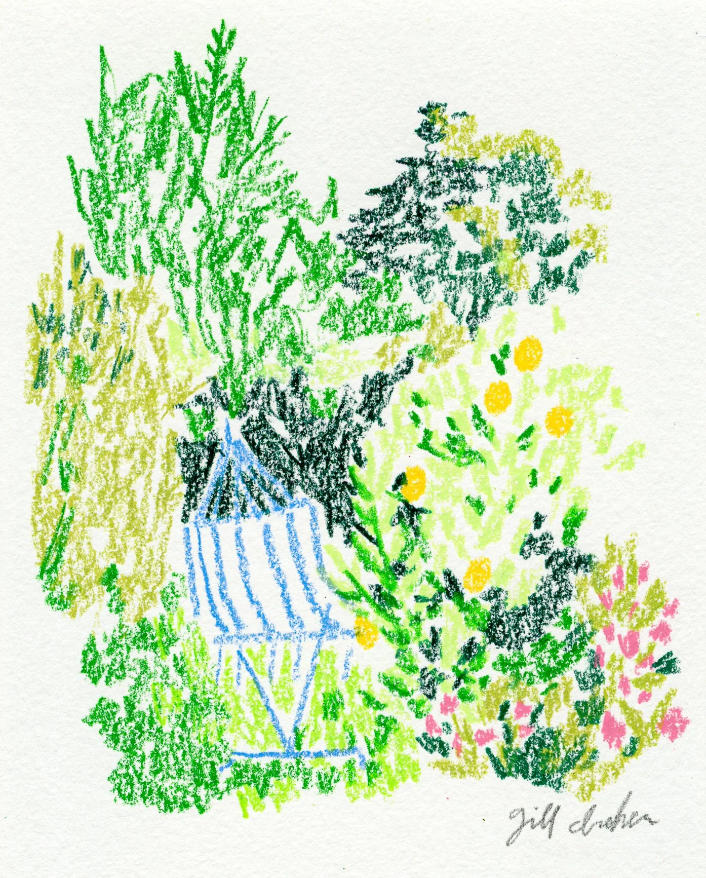 Colorful drawing of a garden scene with various trees and flowers, including orange, pink, yellow, and green, with a small blue tree in the foreground and a signature in the bottom right corner.