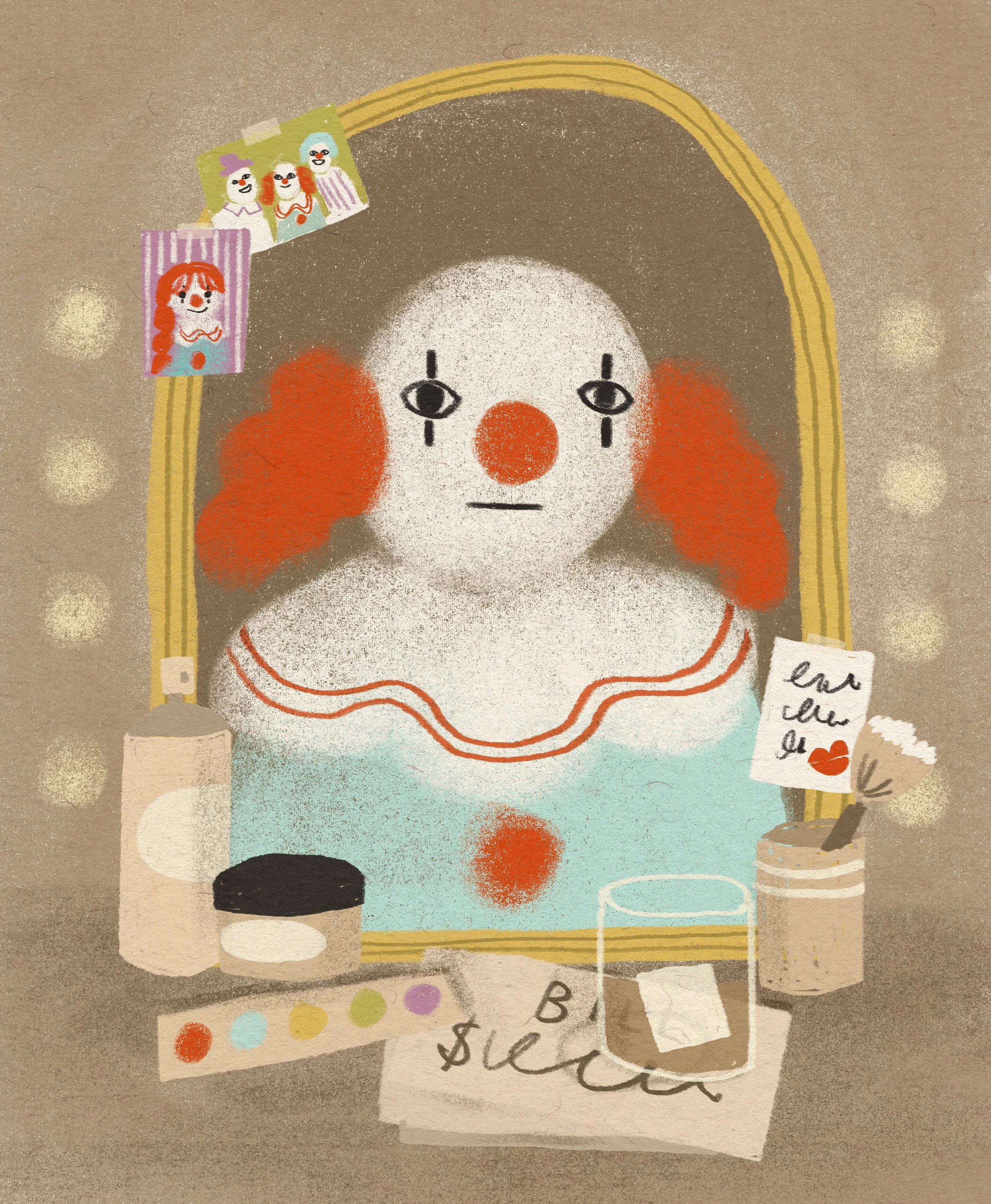 A mirror with a yellow frame showing a clown's face with red hair, a big red nose, and a sad expression. There are various paper notes, some with colorful dots, handwritten words, and small drawings, attached around the mirror.