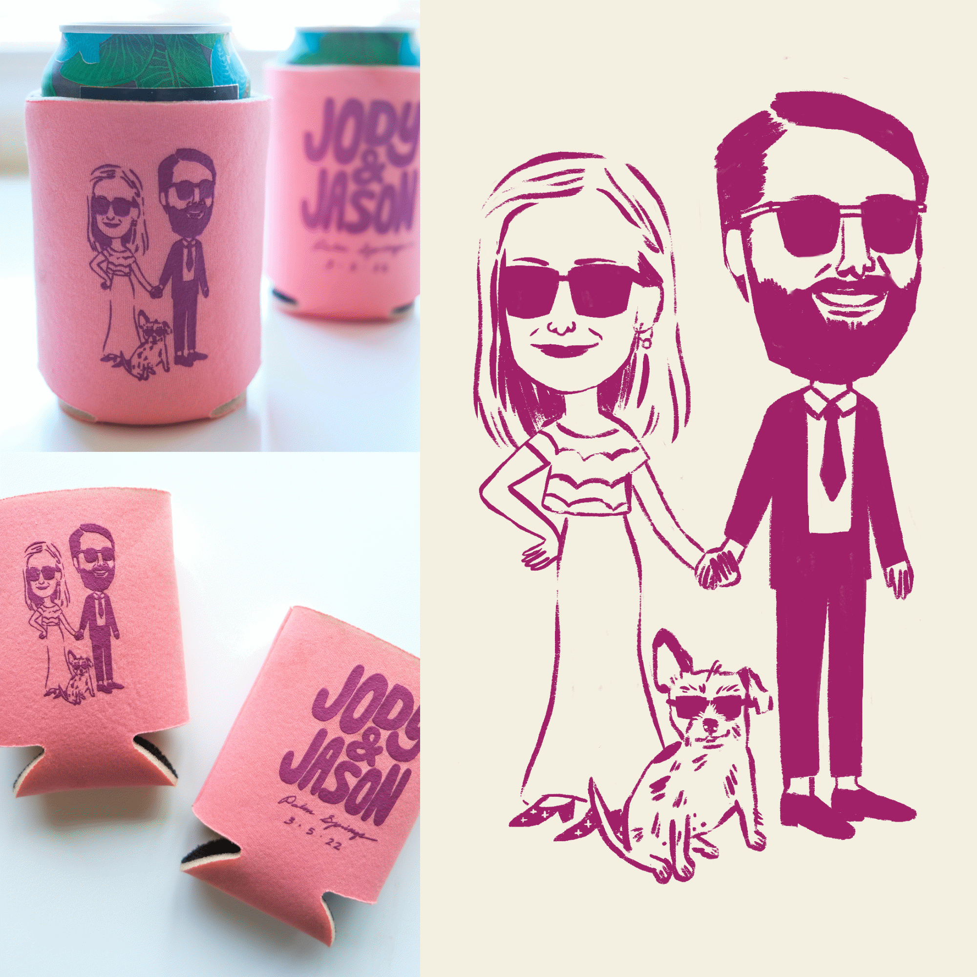 Close-up of a pink can cooler with a cartoon illustration of a smiling man and woman holding hands and wearing sunglasses. The can cooler is around a soda can, with some receipt paper visible at the bottom. The right side of the image features a stylized purple line drawing of a woman with long hair, sunglasses, and a striped top, holding hands with a man with a beard and glasses, wearing a shirt and tie, both smiling.