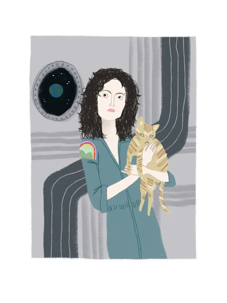 Illustration of a woman with dark curly hair holding a ginger tabby cat, standing in front of window with curtains and a view of Earth from space.