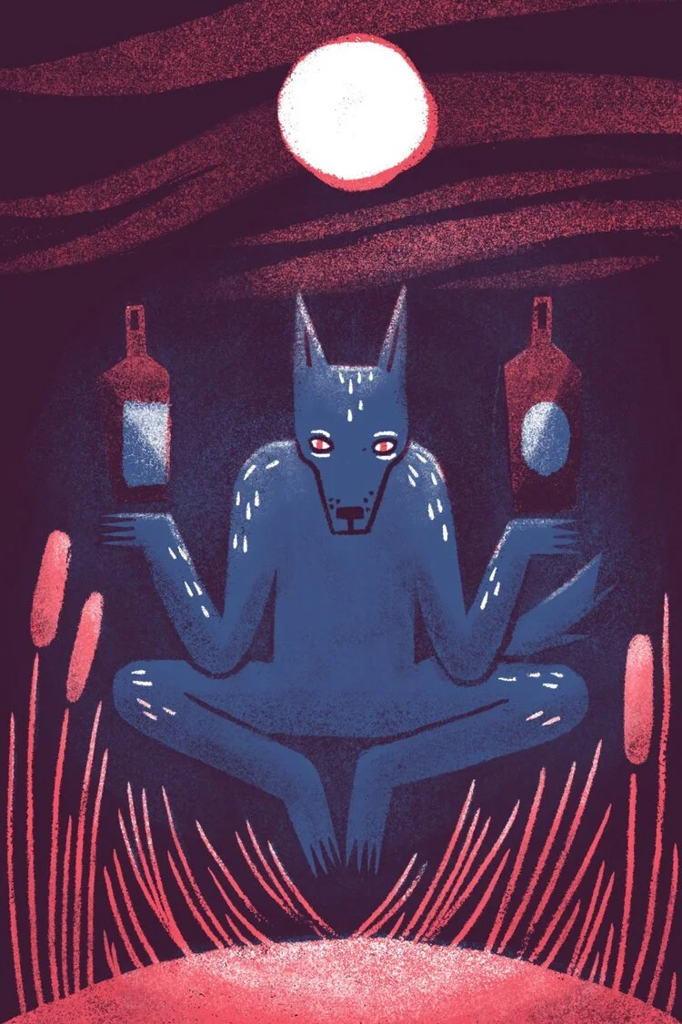 An artistic illustration of a blue wolf with a humanoid body, sitting cross-legged in a meditative pose under a red moon, holding a bottle in each hand, surrounded by stylized plants in pink and purple tones.