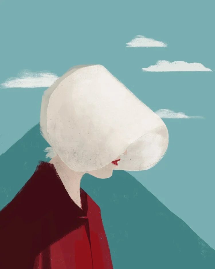 An abstract illustration of a woman with short white hair, wearing a red coat, shown in profile against a blue background with a mountain and clouds.