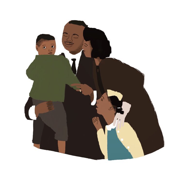 Illustration of a family embracing, including a man, woman, and two children.